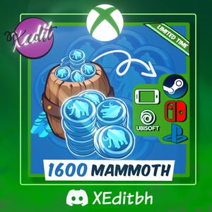 May include: Digital graphic featuring a wooden barrel overflowing with blue coins, each with an elephant design. The image includes the text "1600 MAMMOTH" and various gaming platform logos, with a "LIMITED TIME" banner.