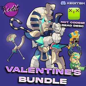 Può includere: Illustrazione digitale di un personaggio simile a un faraone con dettagli blu e turchese, che impugna una spada. L'immagine include il testo "Valentine's Bundle" e un logo Discord. Sono presenti anche altri personaggi e armi.