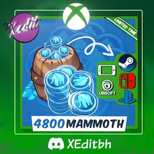 Pode incluir: Gráfico de moeda de jogo digital com um barril de madeira e pilhas de moedas azuis com um design de elefante. A imagem inclui o texto "4800 MAMMOTH" e logotipos da Xbox, Steam, Ubisoft, Nintendo Switch e Playstation.