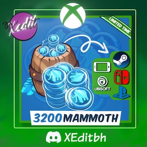 May include: A digital graphic featuring a wooden barrel overflowing with blue coins, each with an elephant design. The image includes the text "3200 MAMMOTH" and logos for Xbox, Steam, Ubisoft, Nintendo Switch, and Playstation.