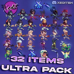 May include: An image promoting a game, showcasing 32 character illustrations in action poses. The characters are set against a dark purple backdrop, with the text "32 ITEMS ULTRA PACK" in white and purple. The image also includes the logo "Xedit".
