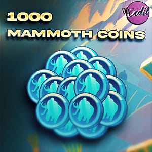 Op de afbeelding: Een cluster van blauwe munten met een mammoetontwerp, met de tekst "1000 Mammoth Coins". De munten zijn in een cirkel gerangschikt. De achtergrond heeft een abstract ontwerp en een paars logo rechtsboven.