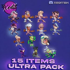 May include: A digital collection of 15 illustrated character figures in various poses, featuring diverse outfits and armour styles in shades of purple, green, and brown. The text 15 ITEMS ULTRA PACK is displayed at the bottom, with XEDITBH in the corner.