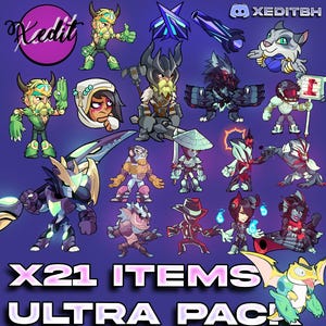 Pode incluir: Uma coleção de ilustrações de personagens estilizados em várias poses e roupas, em um fundo azul escuro. A imagem inclui o texto "X21 ITEMS ULTRA PACK" e um logotipo com o texto "Xedit".