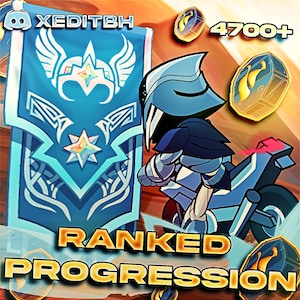 May include: A digital graphic showing a blue knight on a motorcycle, with a banner and gold coins. The banner has a star and wing design. The text "RANKED PROGRESSION" is displayed in yellow. The image also includes the text "4700+" and a social media logo.