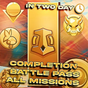 Puede incluir: Gráfico dorado con el texto «IN TWO DAY» y «COMPLETION BATTLE PASS ALL MISSIONS». La imagen presenta varios emblemas dorados y un icono de reloj, sobre un fondo abstracto colorido.