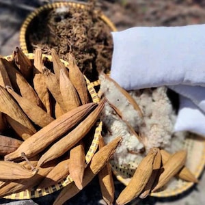 May include: A collection of natural materials, including brown seed pods, fluffy white fibers, and white pillows. The seed pods are in a woven basket, and the pillows are stacked. The image suggests a focus on natural bedding or crafting materials.