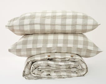 Flax Grid Linen Duvet Set – 100% Super Soft Water Washed Bedding (3-Piece)