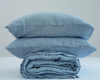 Light Blue Linen Duvet Set – 100% Super Soft Water Washed Bedding (3-Piece)