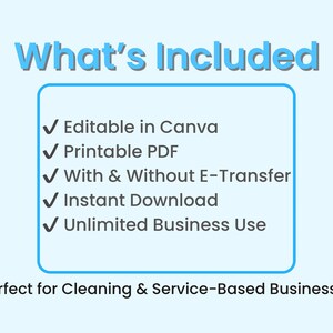 Puede incluir: Gr&aacute;fico azul claro con el texto "What's Included" y una lista de caracter&iacute;sticas: Editable en Canva, PDF imprimible, Con y sin transferencia electr&oacute;nica, Descarga instant&aacute;nea y Uso comercial ilimitado.