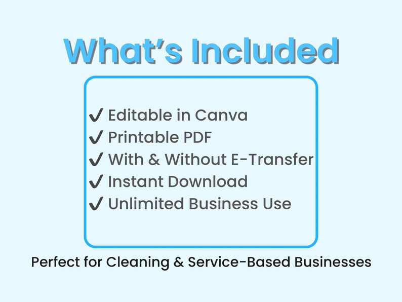 Puede incluir: Gr&aacute;fico azul claro con el texto "What's Included" y una lista de caracter&iacute;sticas: Editable en Canva, PDF imprimible, Con y sin transferencia electr&oacute;nica, Descarga instant&aacute;nea y Uso comercial ilimitado.