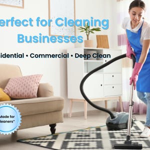 Puede incluir: Una mujer usa una aspiradora en una sala de estar. La imagen incluye texto que dice "Perfect for Cleaning Businesses" y "Made for Cleaners". El texto tambi&eacute;n menciona "Residential, Commercial, Deep Clean".