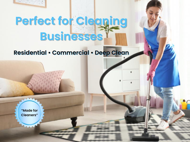 Puede incluir: Una mujer usa una aspiradora en una sala de estar. La imagen incluye texto que dice "Perfect for Cleaning Businesses" y "Made for Cleaners". El texto tambi&eacute;n menciona "Residential, Commercial, Deep Clean".