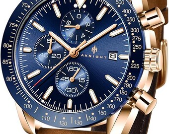 Men's Aknight 45mm Big Face Blue & Gold Watch w/ Leather Strap