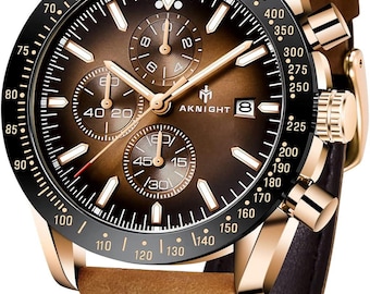 Men's Aknight 45mm Big Face Black/Brown & Gold Watch w/ Leather Strap