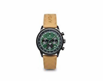 Aknight heren 42 mm Big Face bruin en groen met leren band