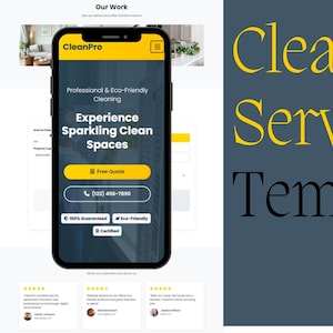 May include: A smartphone displays a website for CleanPro, a professional and eco-friendly cleaning service. The website features a call to action for a free quote and a phone number. The background is a dark teal color with the text "Cleaning Service HTML Template".