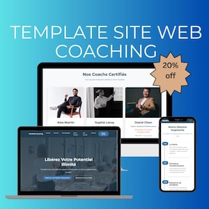 Puede incluir: Imagen de marketing digital que muestra una plantilla de sitio web para servicios de coaching. La imagen muestra una computadora portátil, una tableta y un teléfono inteligente, cada uno con diferentes páginas web. El texto incluye "TEMPLATE SITE WEB COACHING" y "20% off."
