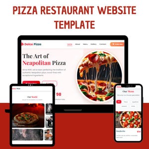 Pode incluir: Um modelo de site para um restaurante de pizza, exibido em um desktop, tablet e smartphone. O site apresenta o texto "The Art of Neapolitan Pizza" e uma foto de uma pizza com queijo derretido. O smartphone mostra um menu.