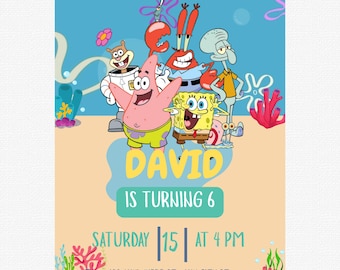 Plantilla de invitación de cumpleaños de Bob Esponja, invitación digital para fiesta