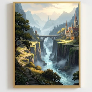 Dipinto a olio di paesaggio fluviale elfico / Poster del fiume della compagnia / Stampa artistica / Arte murale fantasy / Arte murale digitale Power Ring / Download immediato