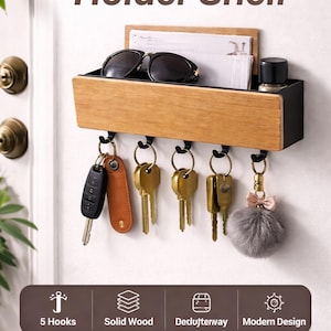 Bamboo Wall Key Holder with Shelf – Modern Entryway Organizer, Mail Rack Hooks