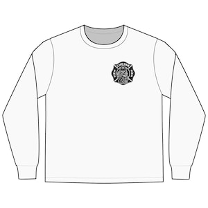 May include: A white long-sleeve shirt featuring a black and white circular graphic on the left chest. The graphic depicts a firefighter emblem with the text "LIVE OAK" at the top and "ENG ONE" at the bottom, surrounding a central figure.