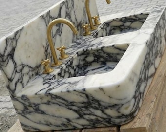 Custom Size Handcarved Calacatta Viola Sink, Wall Mounted Marble Sink With Backsplash