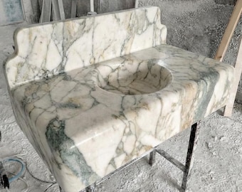 Handcrafted Calacatta Monet Marble Floating Sink-Wall Mounted Stone Vanity, Powder Room Basin-Custom Stone Washbasin, Rounded Edges