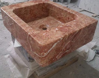 Custom Size Handcarved Red Travertine Sink, Wall Mounted Marble Sink