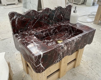 Custom Size Handcarved Rosso Levanto Sink, Wall Mounted Marble Sink