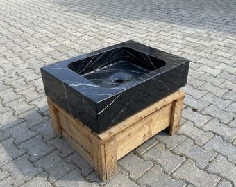 Custom Size Handcarved Nero Marquina Sink, Wall Mounted Marble Sink