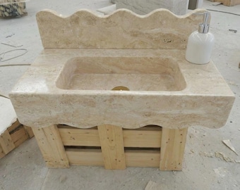 Custom Size Handcarved Travertine Sink, Wall Mounted Marble Sink