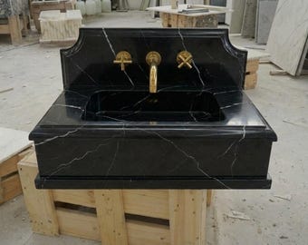 Handcrafted Nero Marquina Marble Floating Sink-Wall Mounted Stone Vanity, Powder Room Basin-Custom Stone Washbasin, Rounded Edges