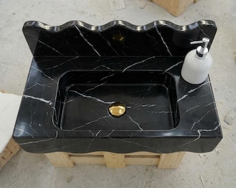 Custom Size Handcarved Nero Marquina Sink, Wall Mounted Marble Sink