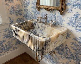 Lavabo de mármol Calacatta Viola tallado a mano a medida, lavabo de mármol para montaje en pared