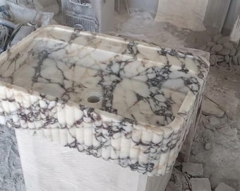 Custom Size Handcarved Calacatta Viola Marble Sink, Wall Mounted Marble Sink