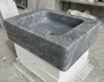 Custom Size Handcarved Tundra Grey Sink, Wall Mounted Marble Sink