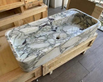 Lavabo de mármol Calacatta Monet tallado a mano, tamaño personalizado, montaje en pared personalizado