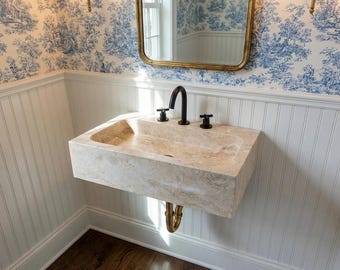 Lavabo de travertino tallado a mano, de tamaño personalizado, de mármol para montaje en pared.