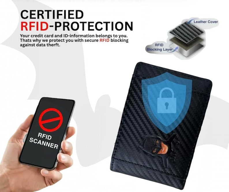 Może przedstawiać: Czarny portfel z wł&oacute;kna węglowego z logo Batmana i niebieską tarczą z zamkiem. Obraz zawiera tekst "CERTIFIED RFID-PROTECTION" i "RFID SCANNER". Portfel ma chronić przed kradzieżą danych.