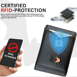 Może przedstawiać: Czarny sk&oacute;rzany portfel z grafiką Batmana, zaprojektowany z ochroną RFID. Obrazek przedstawia telefon z ostrzeżeniem "RFID SCANNER". Tekst brzmi "CERTIFIED RFID-PROTECTION".