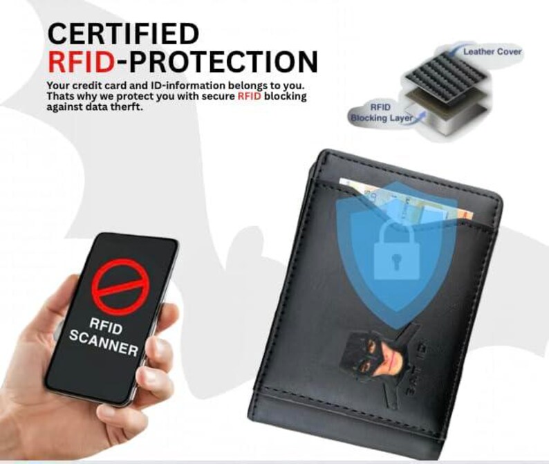 Może przedstawiać: Czarny sk&oacute;rzany portfel z grafiką Batmana, zaprojektowany z ochroną RFID. Obrazek przedstawia telefon z ostrzeżeniem "RFID SCANNER". Tekst brzmi "CERTIFIED RFID-PROTECTION".
