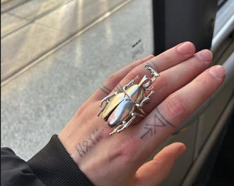 Oxidized Sterling Silver Stag Beetle Ring • Sculptural Insect Jewelry