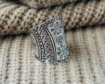 Boho Tribal Wide Ring, 925 Sterling Silver Ring For Women, Ethnic Geometric Silver Ring, Oxidized Statement Ring
