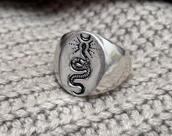 Gothic Snake Signet Ring •  Engraved Snake Mens Ring • 925 Sterling Silver Ring • Oxidized Silver Jewelry • Wide Statement Ring
