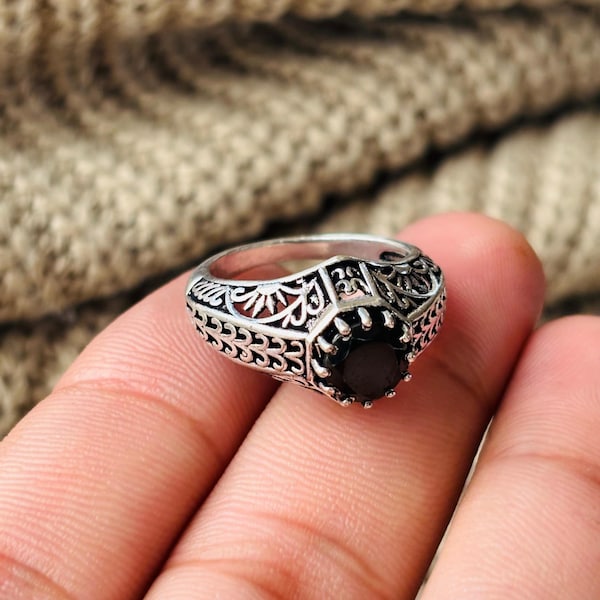 Ornate Black Onyx Silver Ring, 925 Sterling Silver Ring For Men, Engraved Ethnic Gemstone Ring, Oxidized Silver Ring