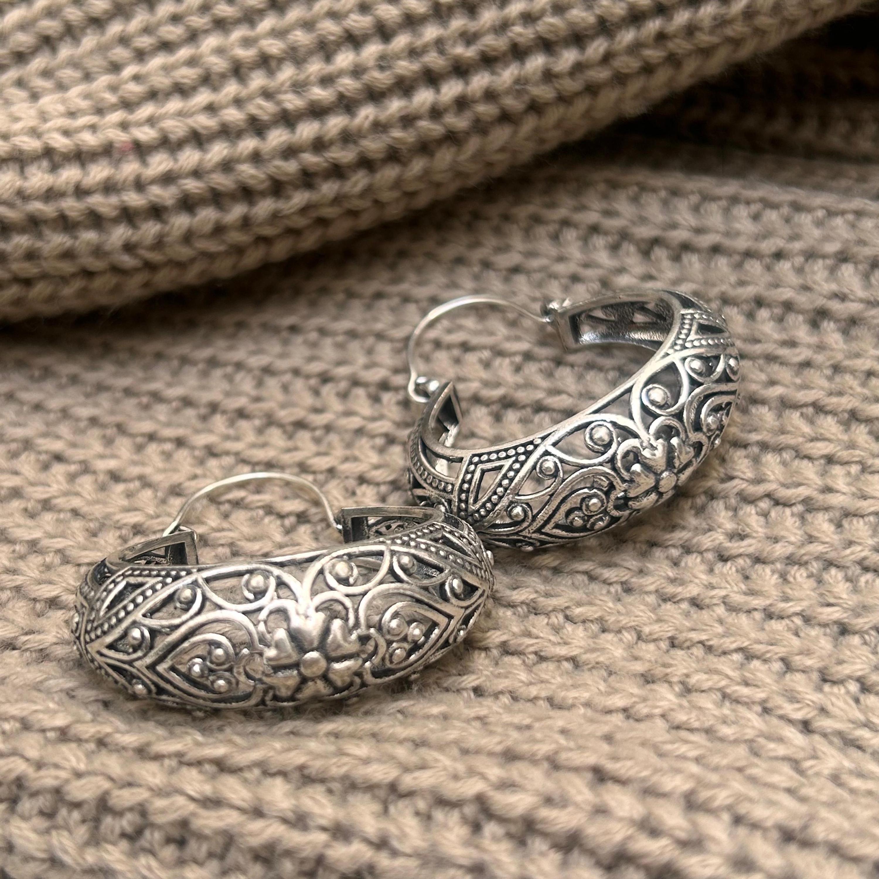 Vintage Sterling Silver Ornate Hoop Earrings - Etsy UK