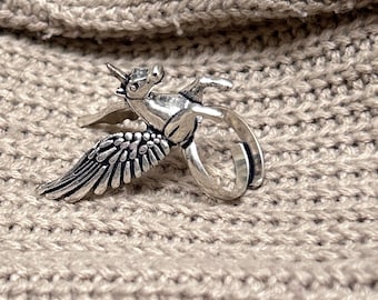 Mythical Ring • Unicorn Womens Ring • 925 Sterling Silver Animal Ring • Fantasy Boho Silver Jewelry • Winged Statement Ring For Women