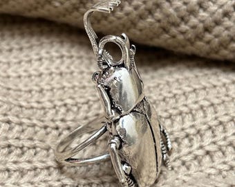 Oxidized Sterling Silver Stag Beetle Ring • Sculptural Insect Jewelry